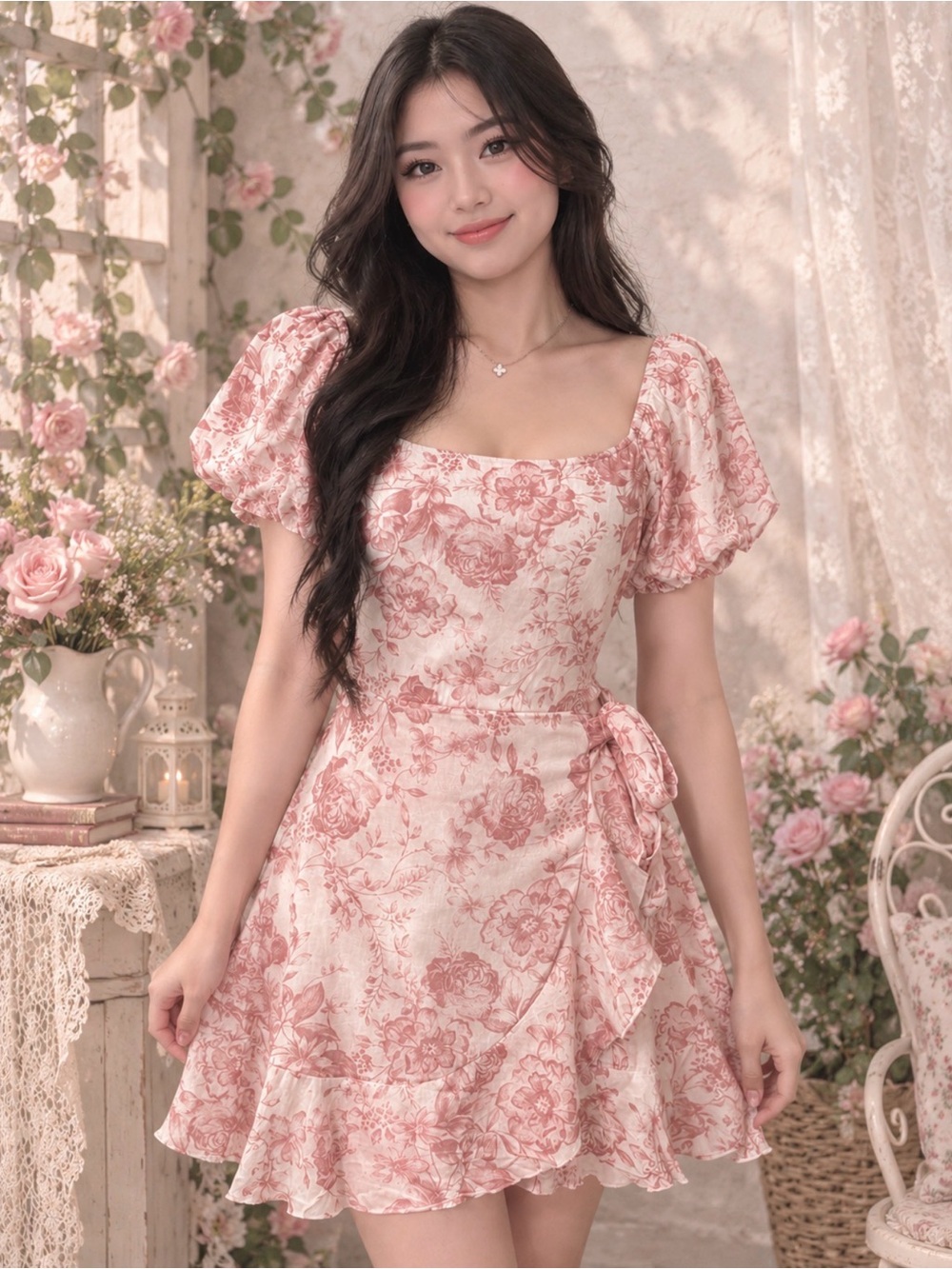 Trixxi Blush Pink Floral Puff-Sleeve Tie-Waist Mini Dress